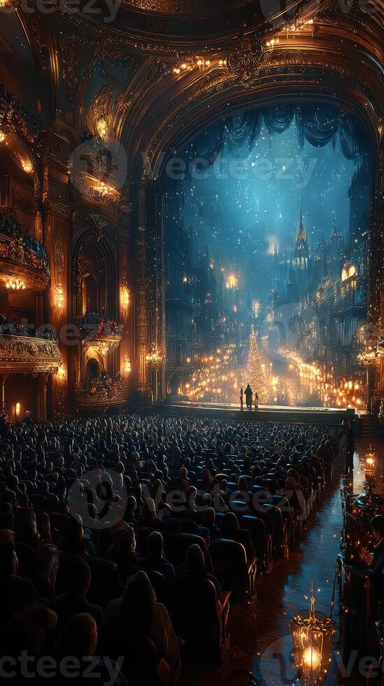 Elegant theater performance with festive decor and audience captivated by the enchanting atmosphere photo