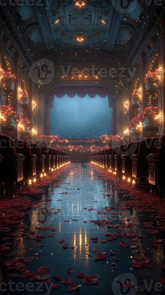 Elegant theater interior with rose petals and warm lighting in an enchanting atmosphere photo