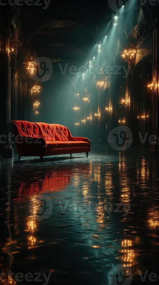 Elegant red sofa reflects in a dimly lit hallway with golden chandeliers and watery floor at night photo