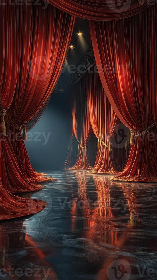 Elegant red curtains frame an enchanting stage in a theater with soft lighting and reflective floor surfaces photo