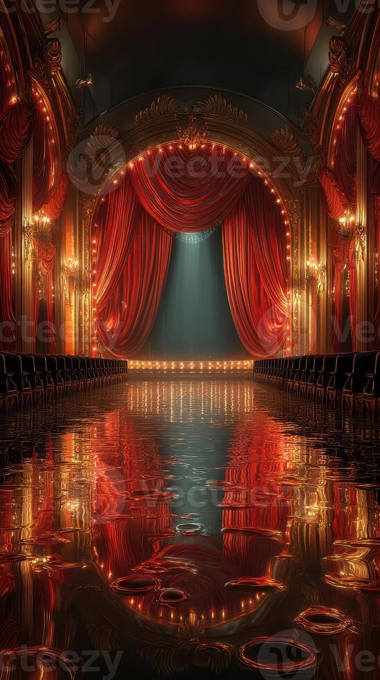 Elegant theater stage with red curtains and reflective floor ready for a performance in a historic venue photo