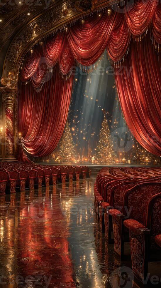 Elegant theater interior with red velvet curtains and festive decorations before a holiday performance photo