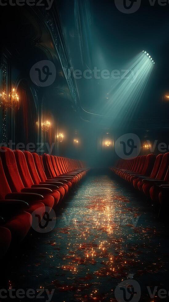 Empty theater with red velvet seats illuminated by spotlight and shimmering floor at evening photo