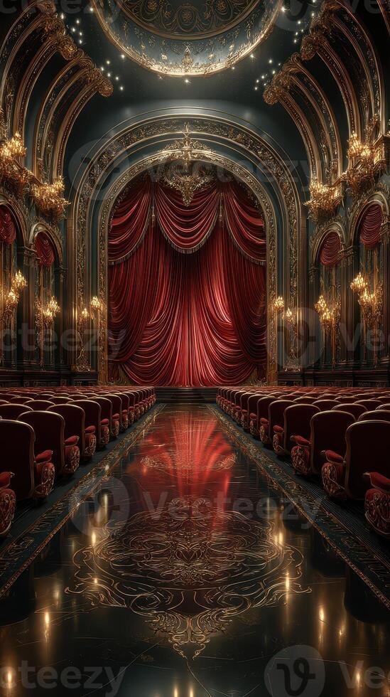 Luxurious theater interior with ornate decor and red velvet curtains in evening ambiance photo