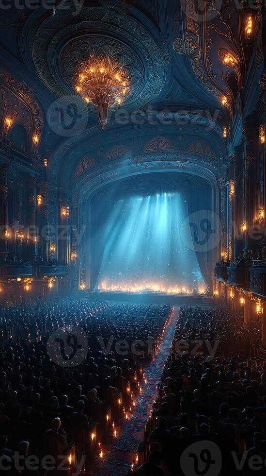 Grand theater interior filled with audience waiting for a performance under dramatic lighting at night photo