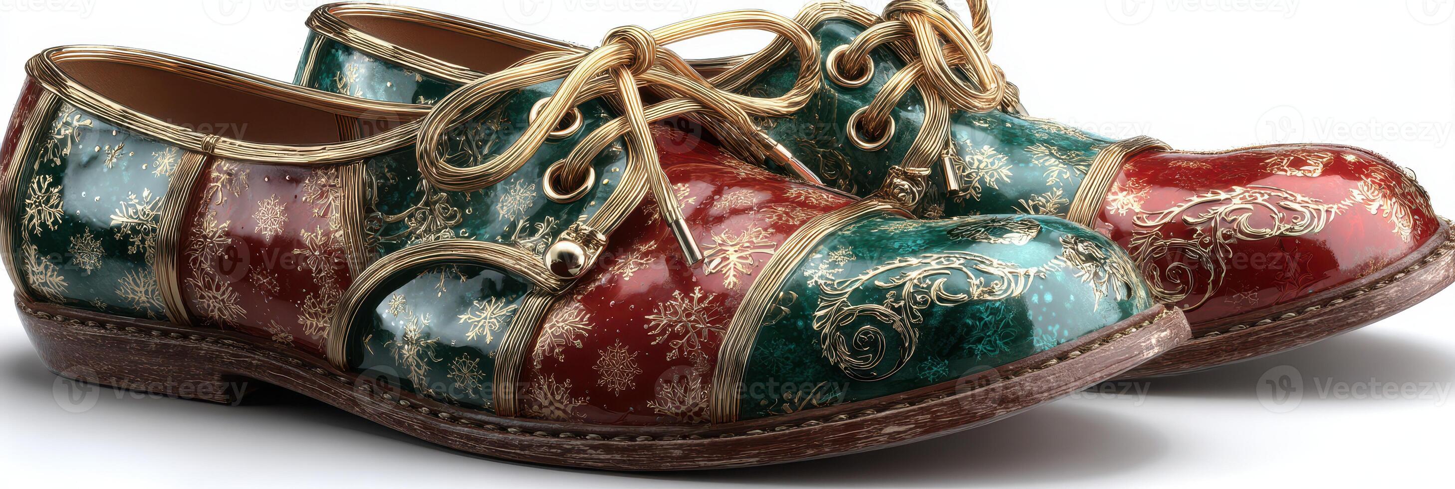 Unique decorative shoes with a festive design featuring red and green colors and intricate gold detailing photo