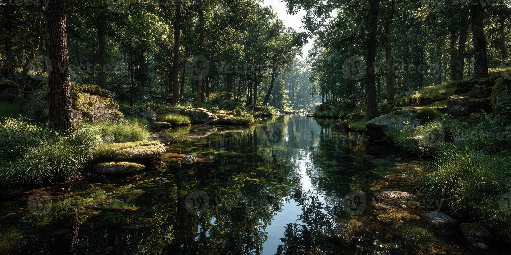 Calm river flowing through a lush forest with sunlight filtering through the trees in a serene natural setting photo