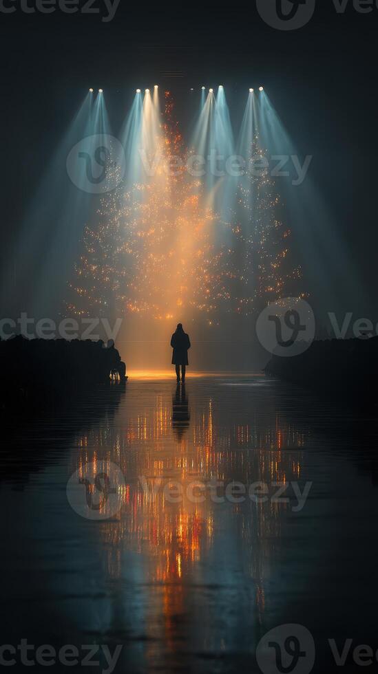 Majestic runway show showcasing a silhouette against illuminated festive trees in a dramatic atmosphere photo