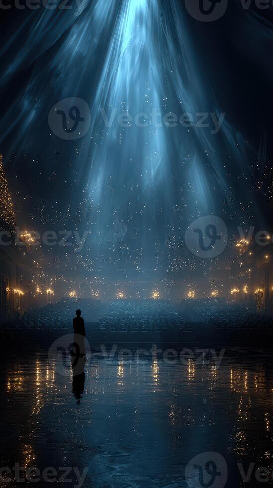 Spectacular light illuminates empty theater filled with anticipation before performance in evening setting photo