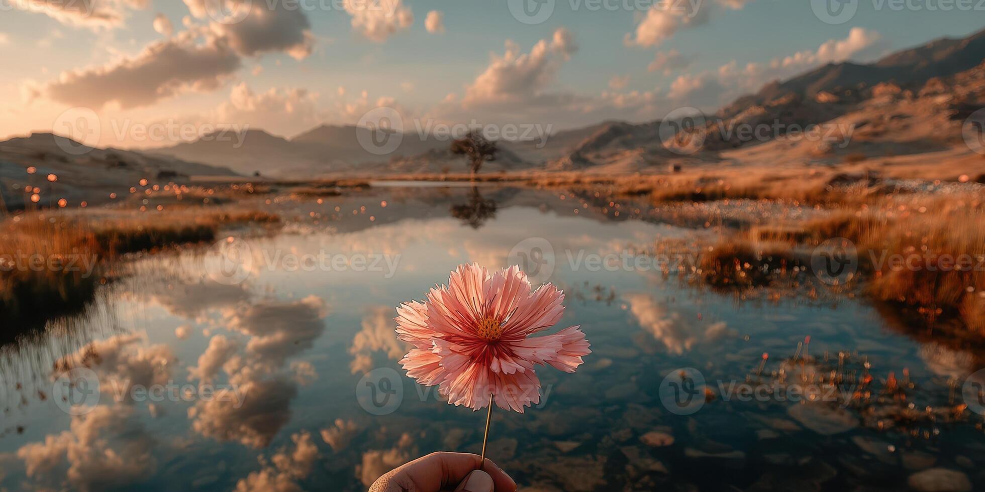 Delicate pink flower held in hand against serene lake and mountain landscape at sunset photo