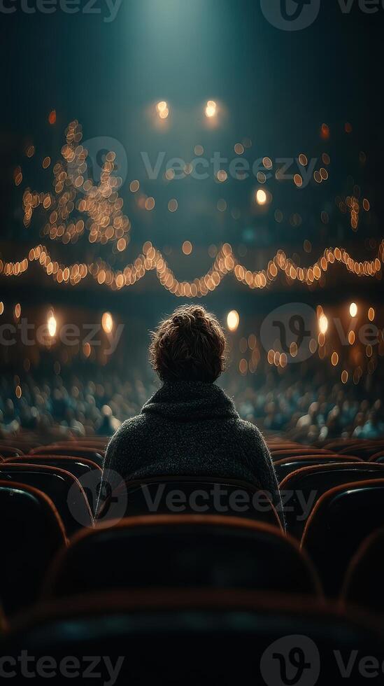 Audience member enjoying a performance in a dimly lit theater with warm lights and a cozy atmosphere photo