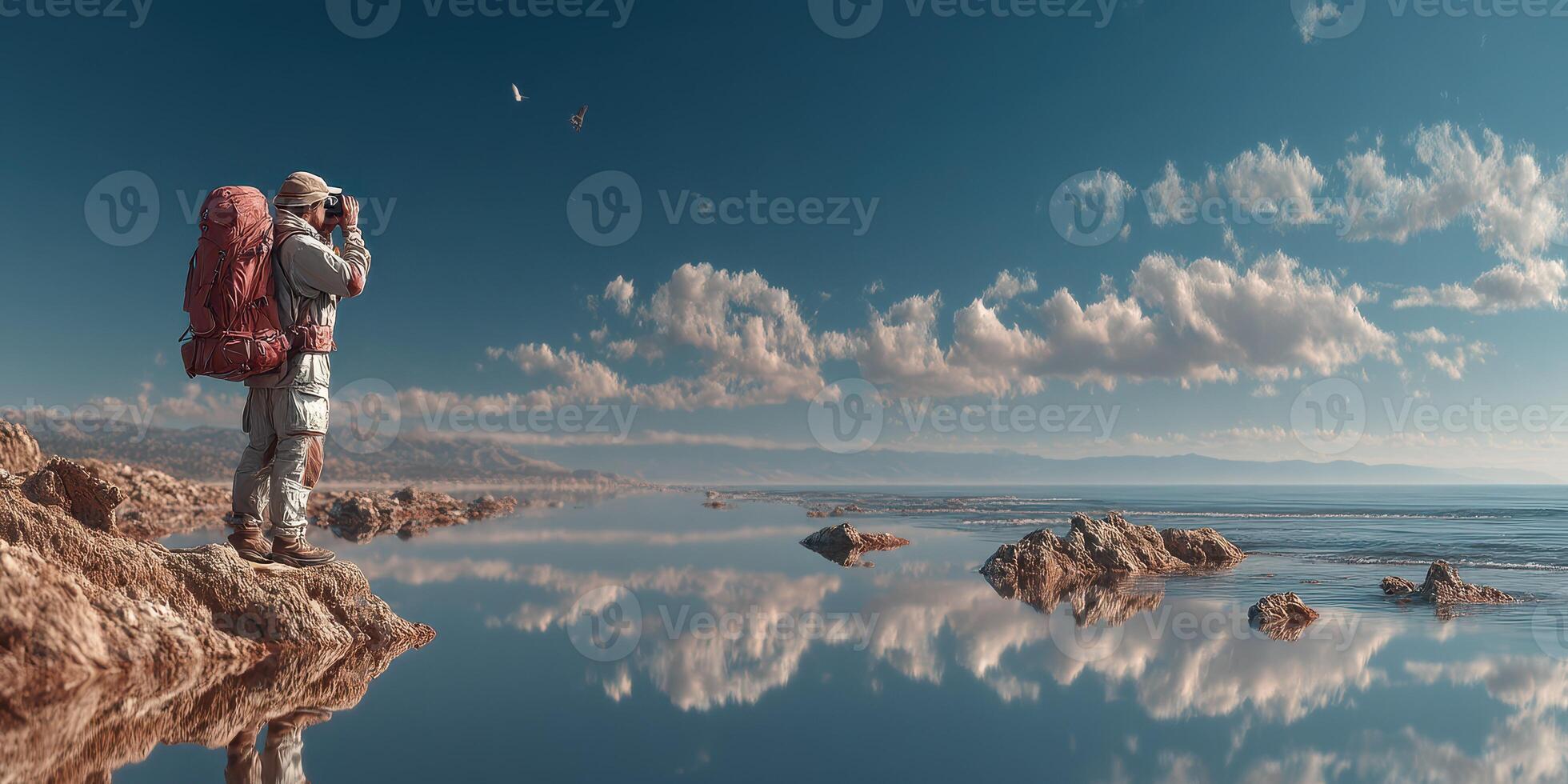 Explorer observing nature at the shoreline during a clear day with reflections in calm waters photo