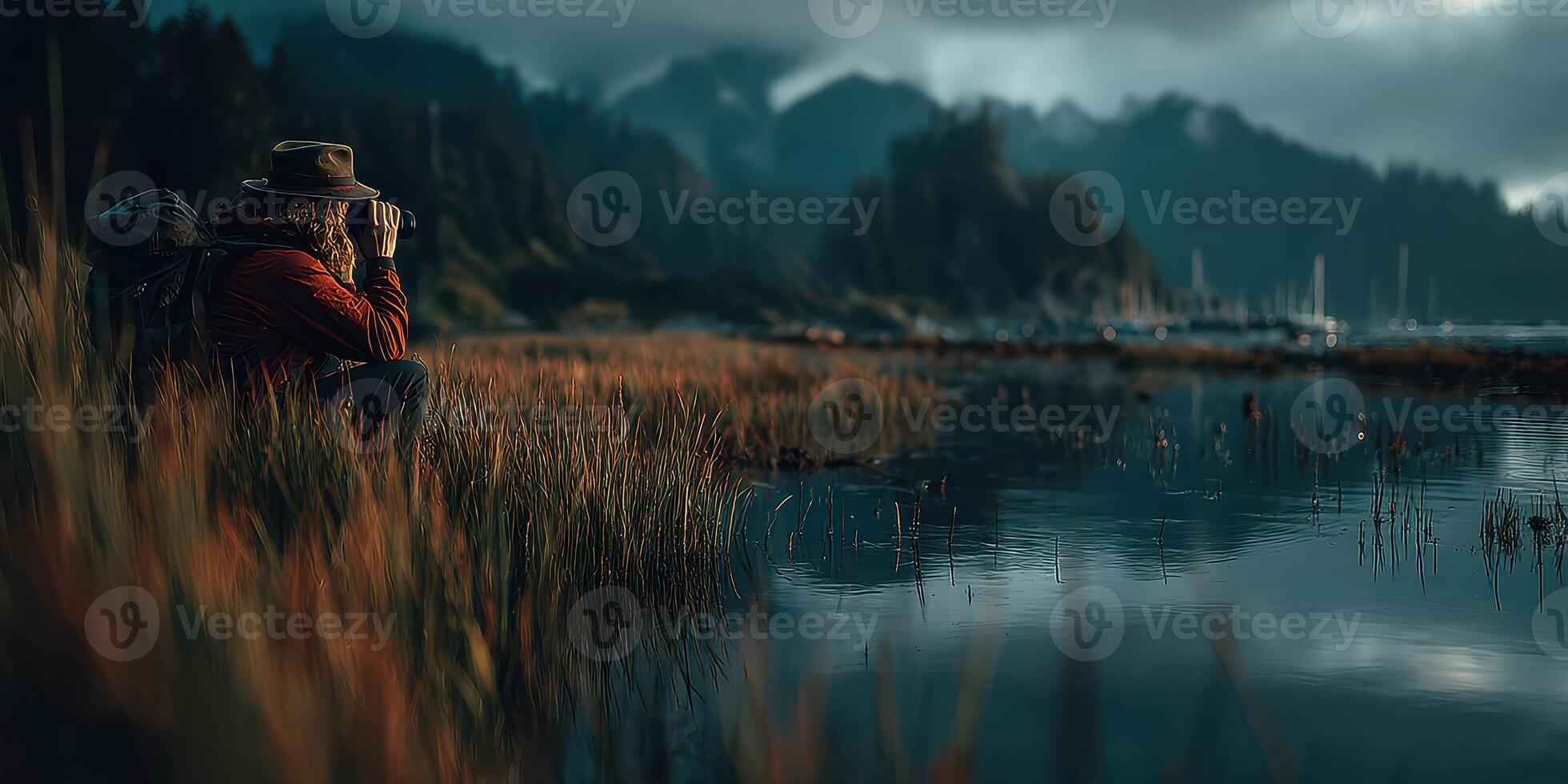Person observing nature along a calm river at dusk in a serene landscape photo