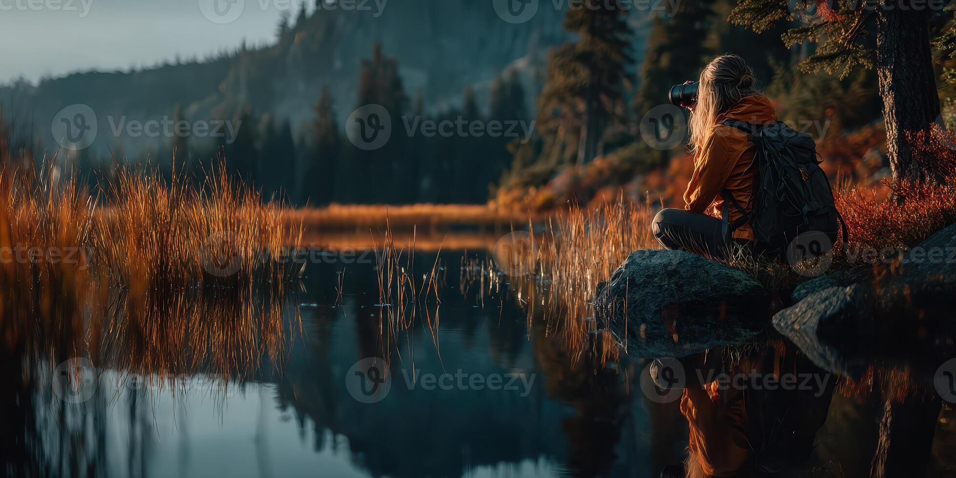 Capture of a photographer in front of a tranquil lake surrounded by mountains during golden hour photo