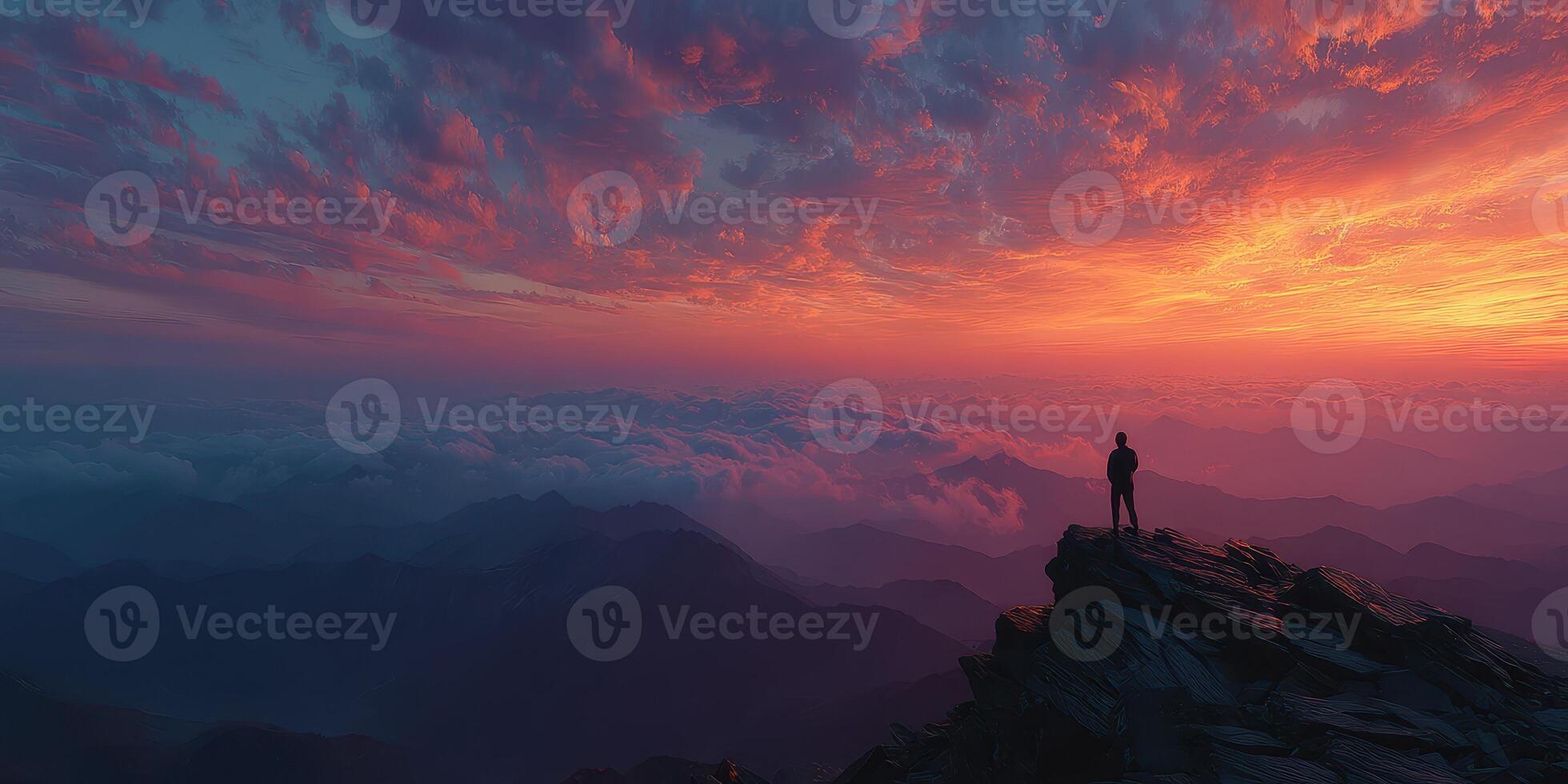 Breathtaking sunrise view from a mountain peak with a solitary figure admiring the colorful sky and clouds photo
