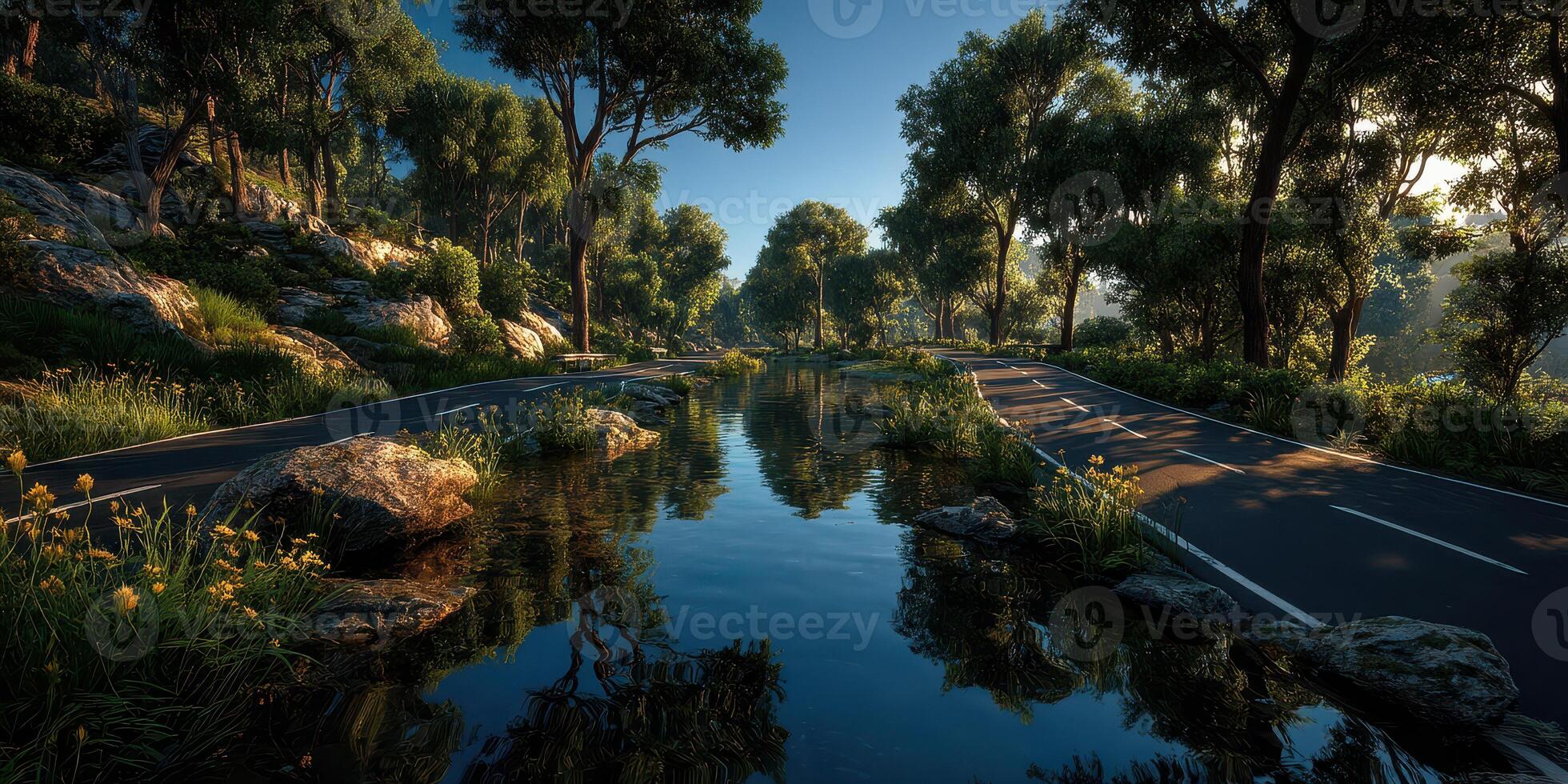 Scenic view of a tranquil road by a serene lake surrounded by lush greenery at sunrise photo