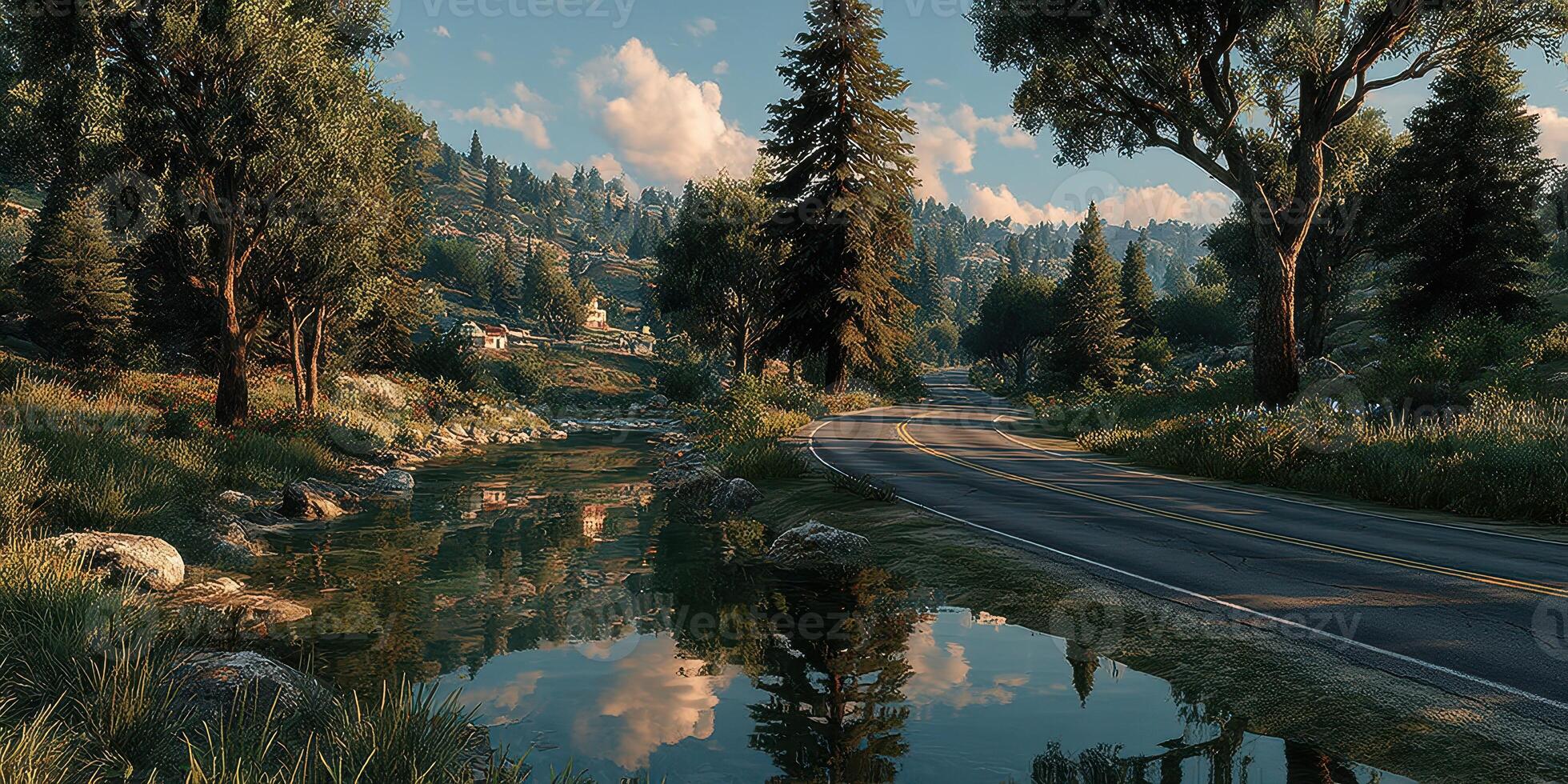 Serene landscape featuring a winding road beside a tranquil stream in a lush natural setting during a sunny day photo