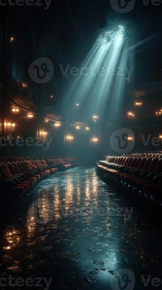 Enticing atmosphere of a vintage theater with illuminated seats and dramatic lighting in the evening photo