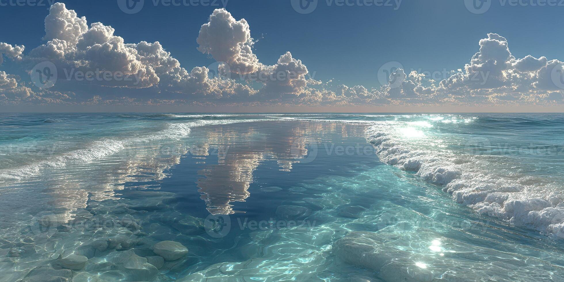 Beautiful ocean view with clear water reflecting clouds and gentle waves at sunset time photo