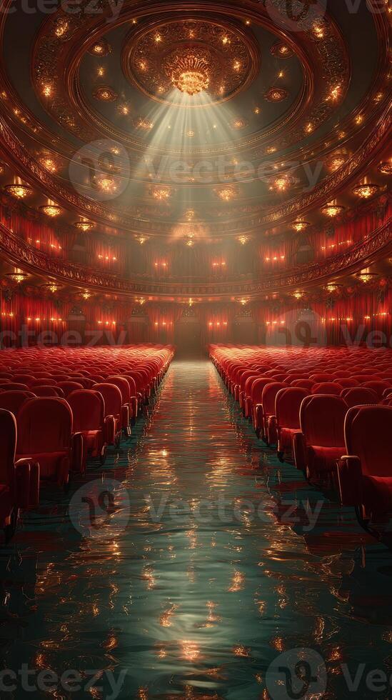 Elegant theater interior with red velvet seats and reflecting water, creating a captivating atmosphere during a performance photo