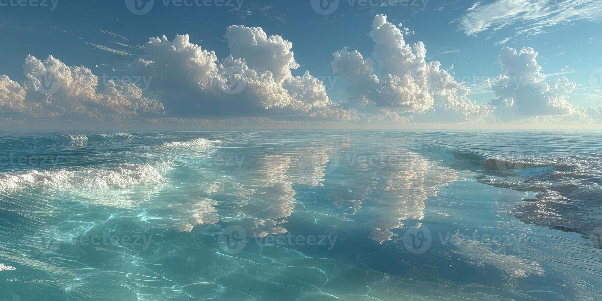Vast ocean landscape reflecting clouds under bright sunlight on a tranquil day photo