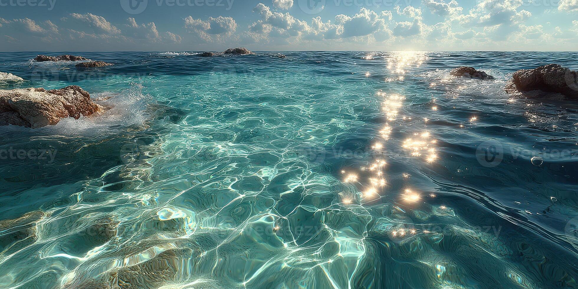 Crystal clear ocean water sparkles under the bright sun near rocky shoreline in a tranquil environment photo