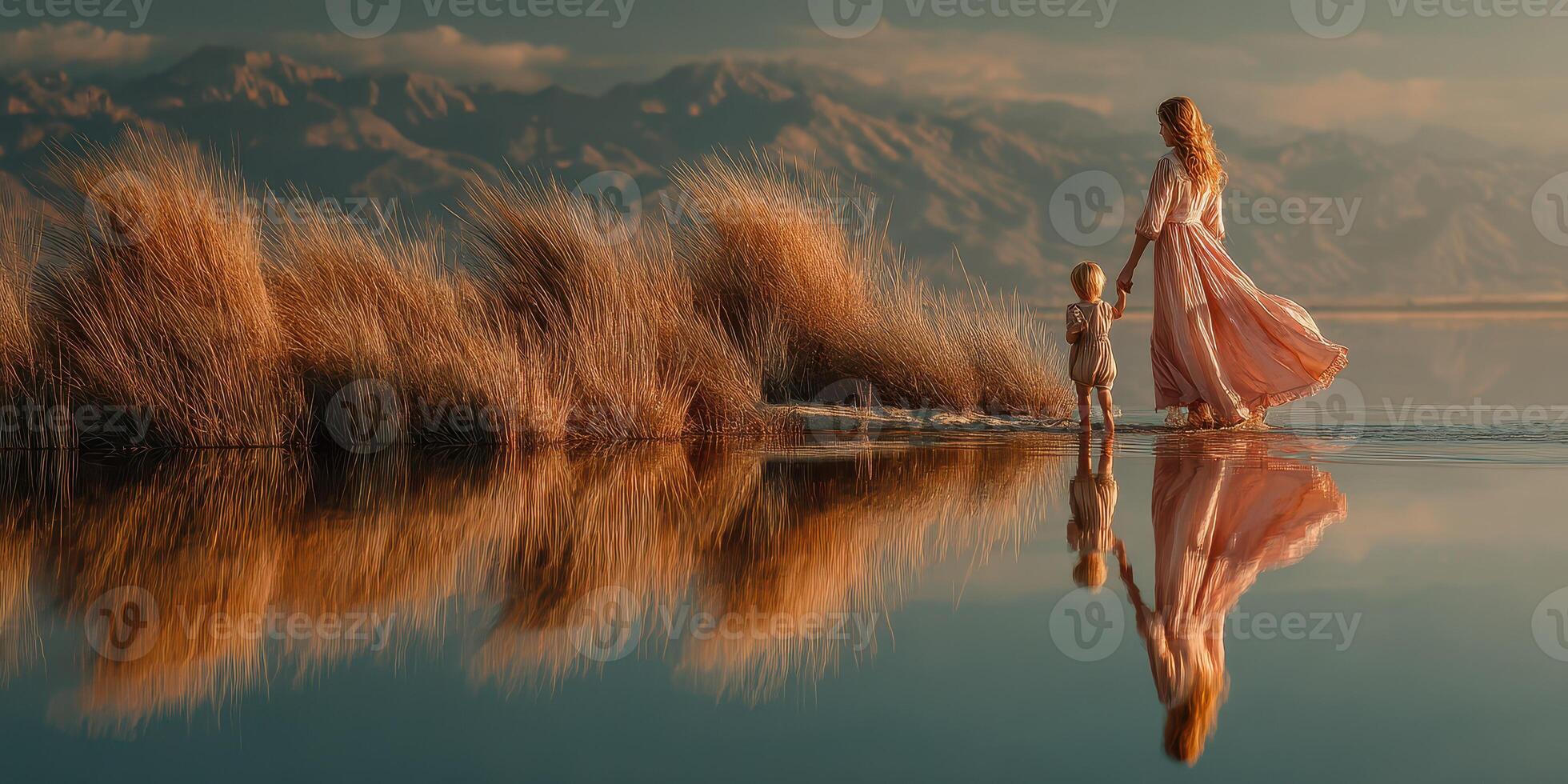 Mother and child walking on water at sunset, surrounded by tall grasses and mountains in the background photo