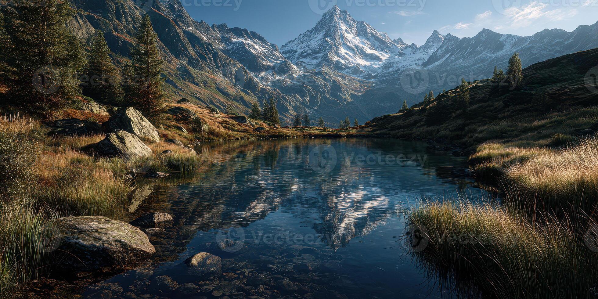 Majestic mountains reflected in calm lake during a sunny day in a serene valley photo