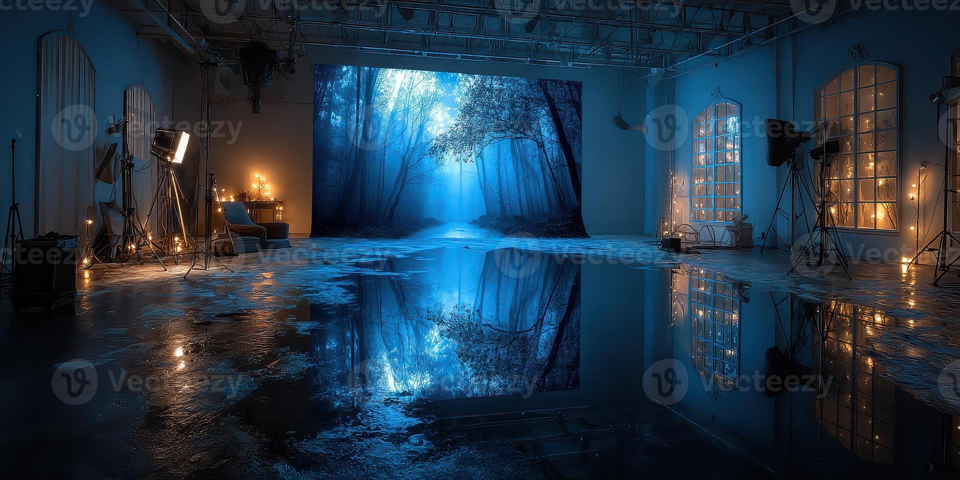 Captivating blue-toned studio ambiance with reflective floor and nature backdrop at nighttime photo