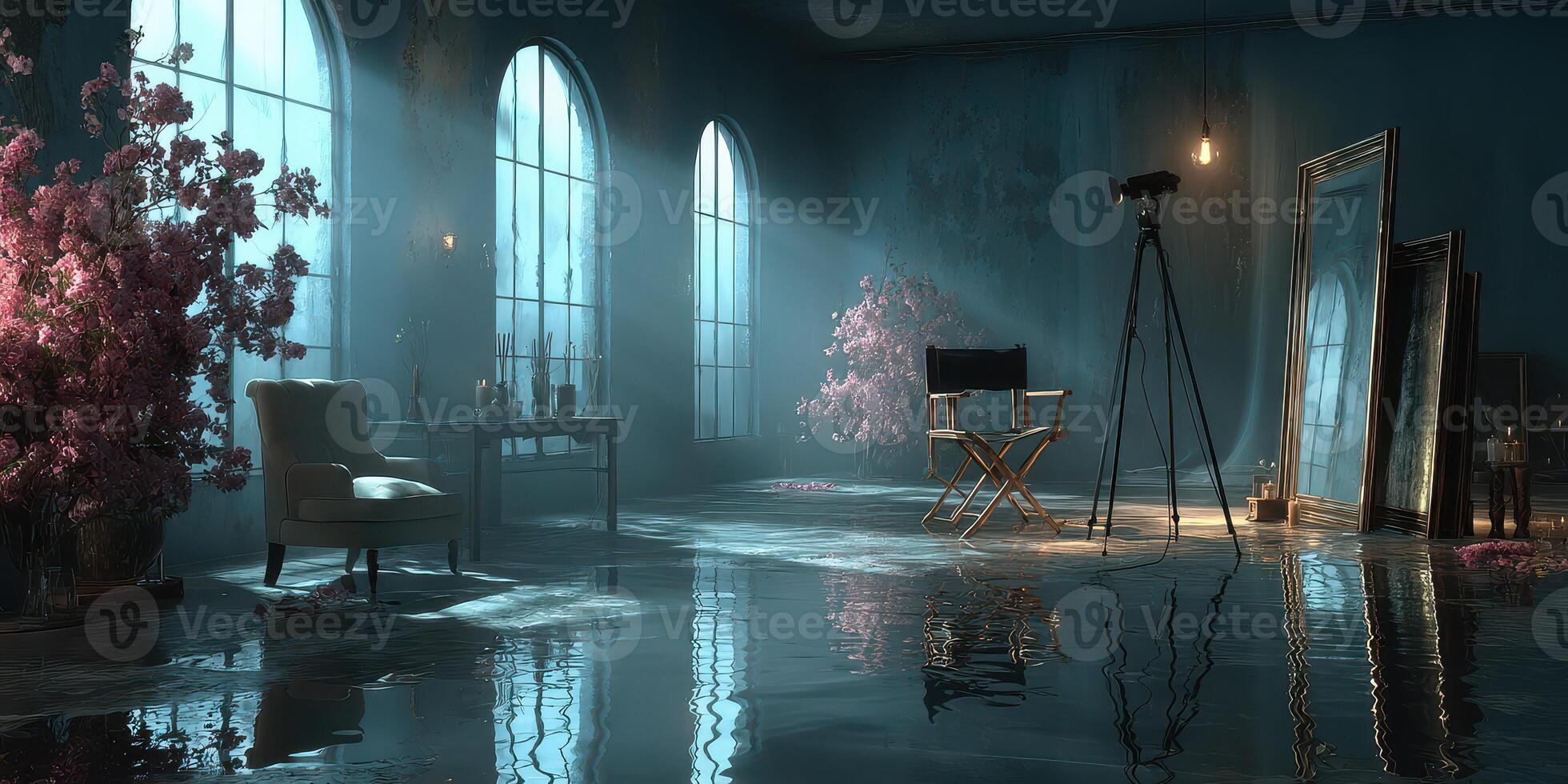 Elegant reflections in a serene studio space with natural light and floral accents at dusk photo