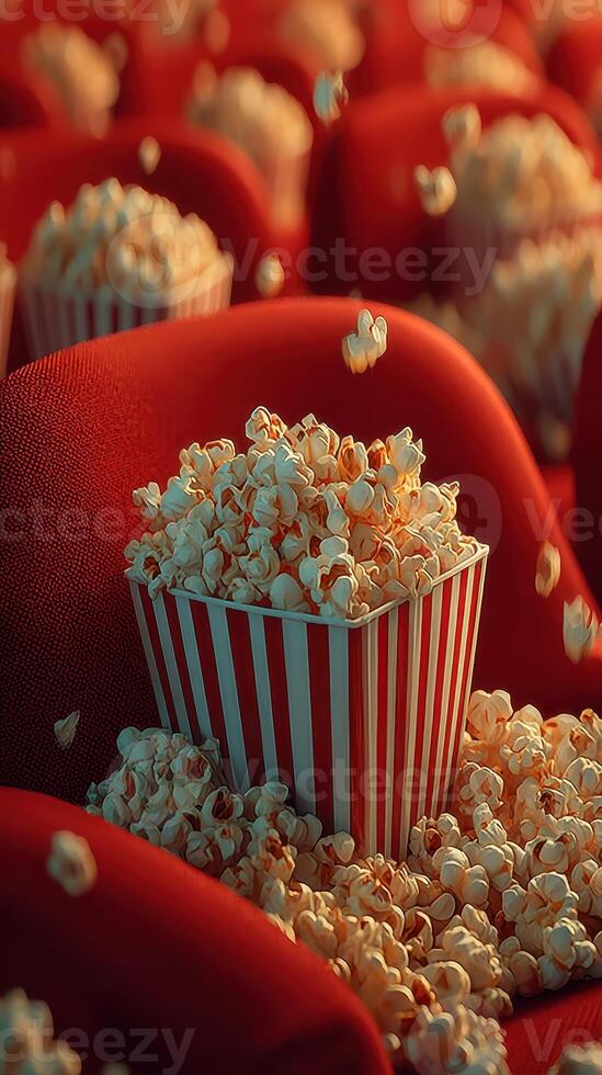 Popcorn spills over from a striped container in a vibrant movie theater setting with empty red seats photo