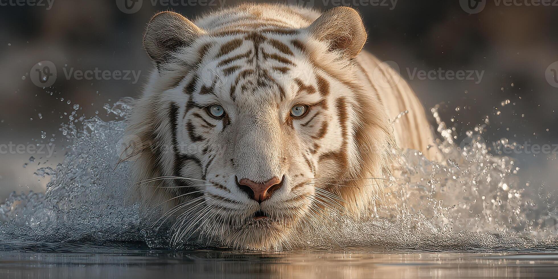Majestic white tiger wades through water under soft sunlight in a serene natural setting photo