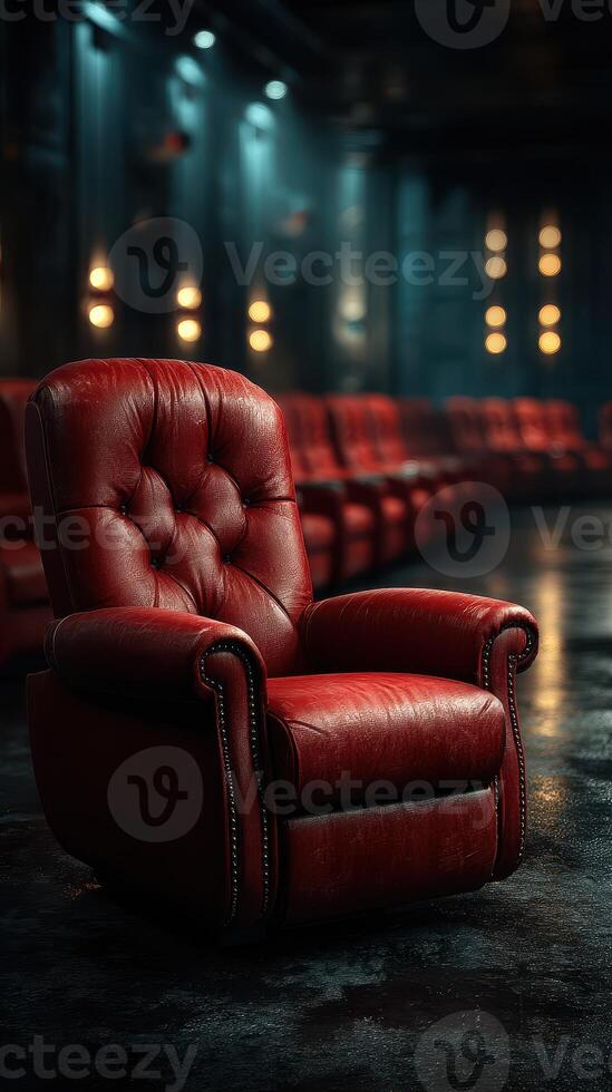 Elegant red leather armchair highlighted in a dimly lit lounge with an atmosphere of sophistication and comfort photo