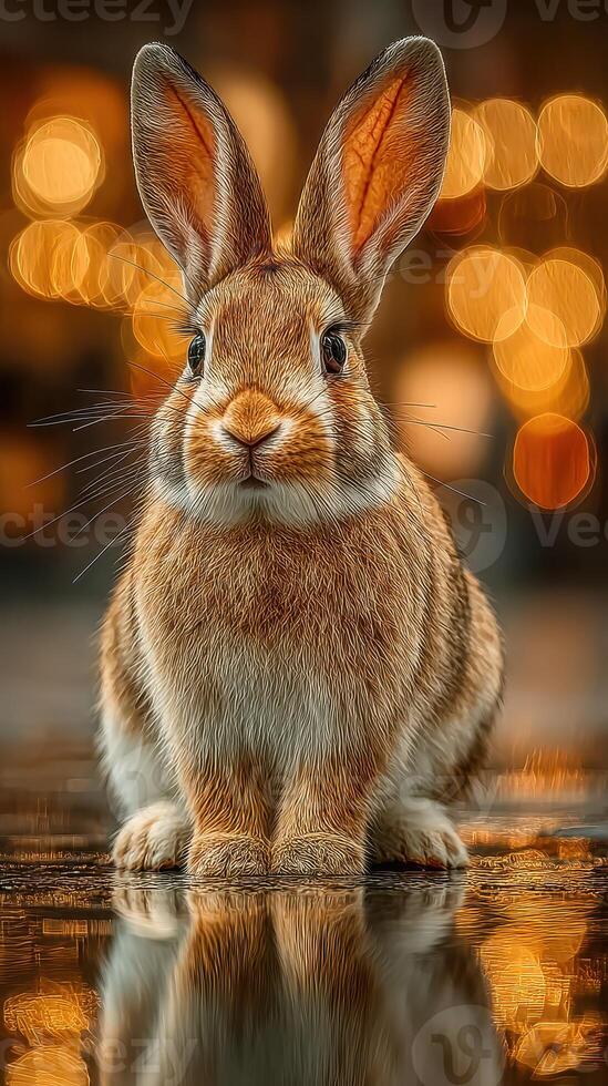 Cute rabbit sitting serenely with blurred golden lights in the background during a tranquil evening photo