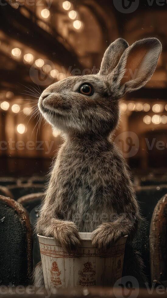Curious rabbit enjoying snacks in an empty theater during a quiet afternoon photo