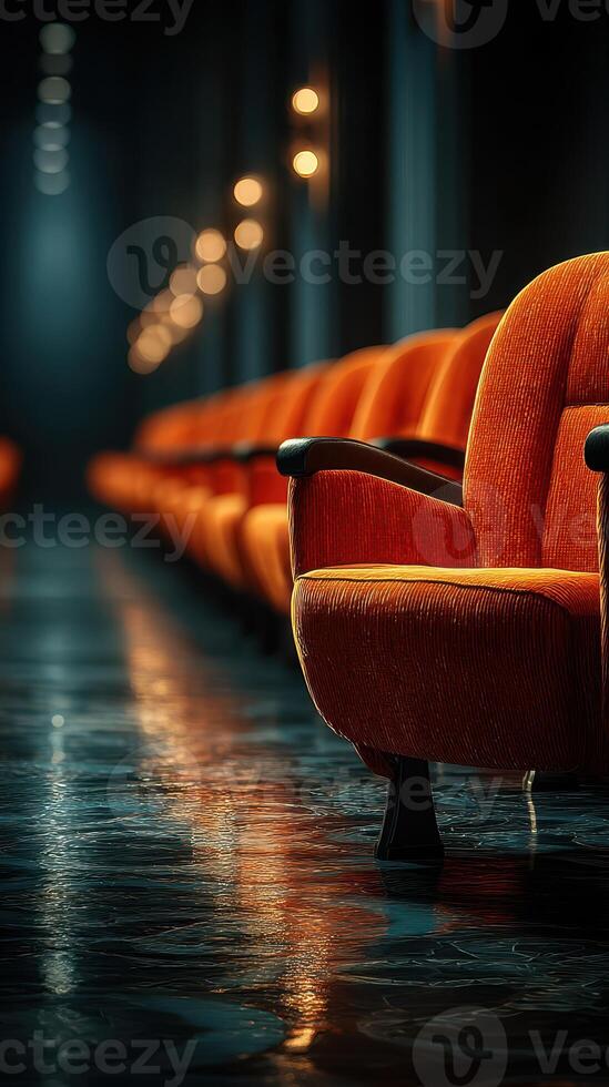 Rows of vintage orange chairs in a dimly lit hallway creating a nostalgic atmosphere photo