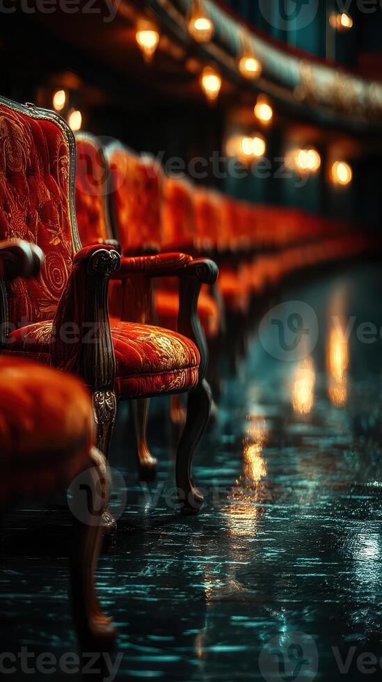 Elegant vintage chairs lined up in a dimly lit theater during an evening performance photo