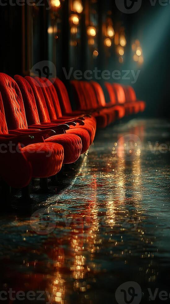 Cozy red chairs reflecting light in a dimly lit space after rain at dusk photo
