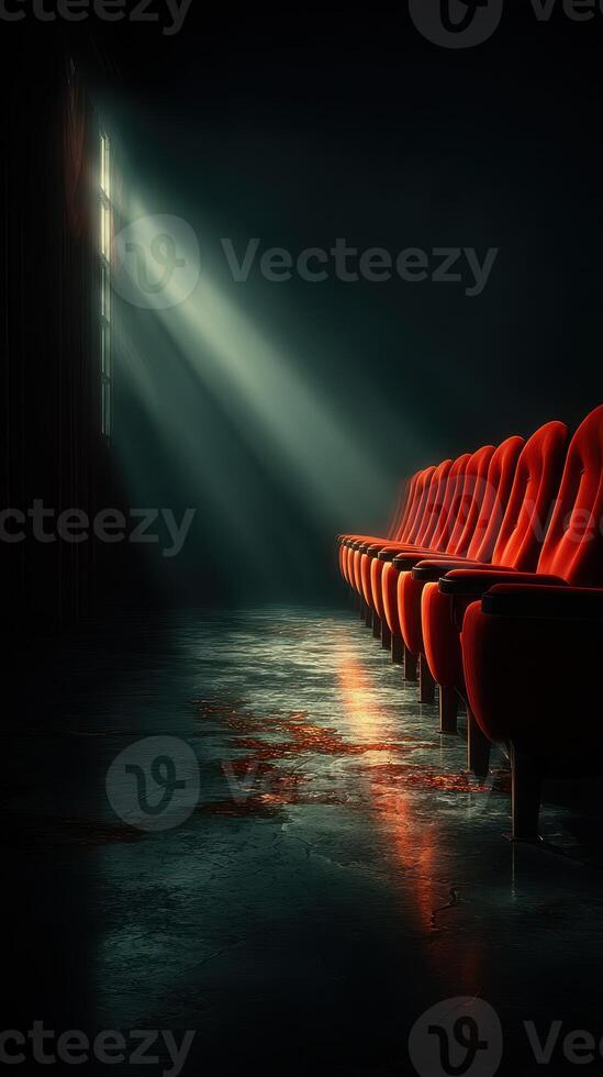 Empty theater row bathed in dramatic light creates an eerie atmosphere in a dimly lit room photo