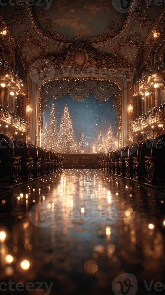 Enchanting holiday display in a theater adorned with sparkling lights and decorated trees during the winter season photo