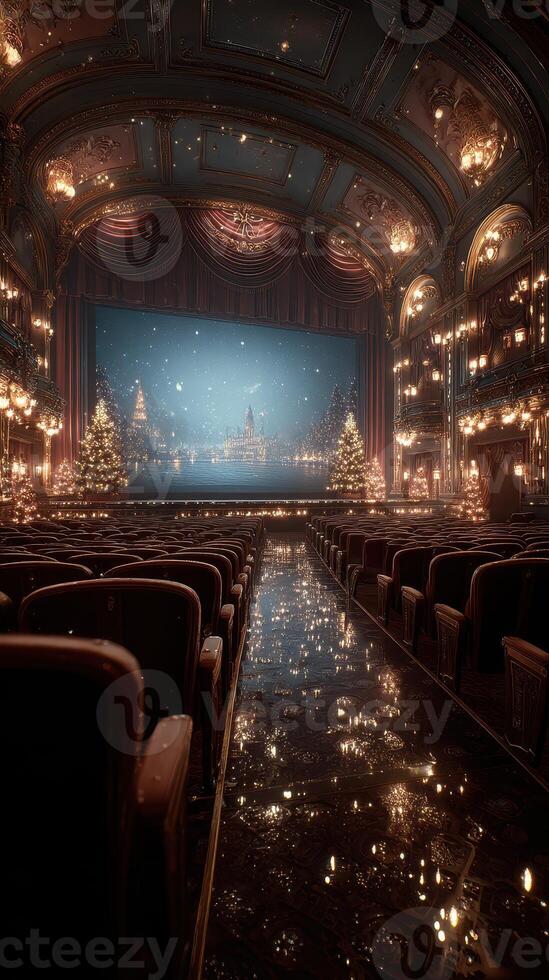 Elegant theater with festive decorations and a winter scene painted on stage in a cozy setting photo