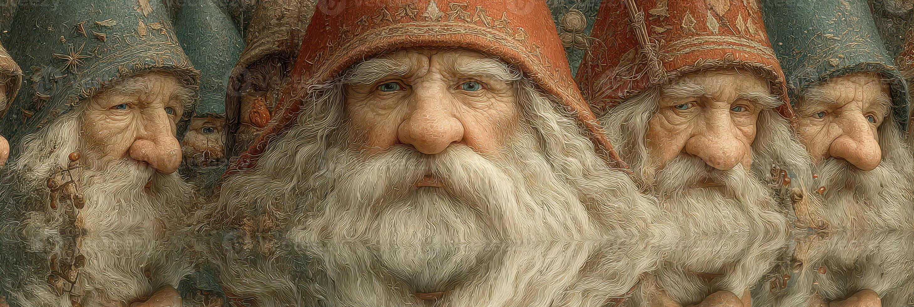 Intricate portrayal of wise old gnomes gathered in a mystical forest setting photo