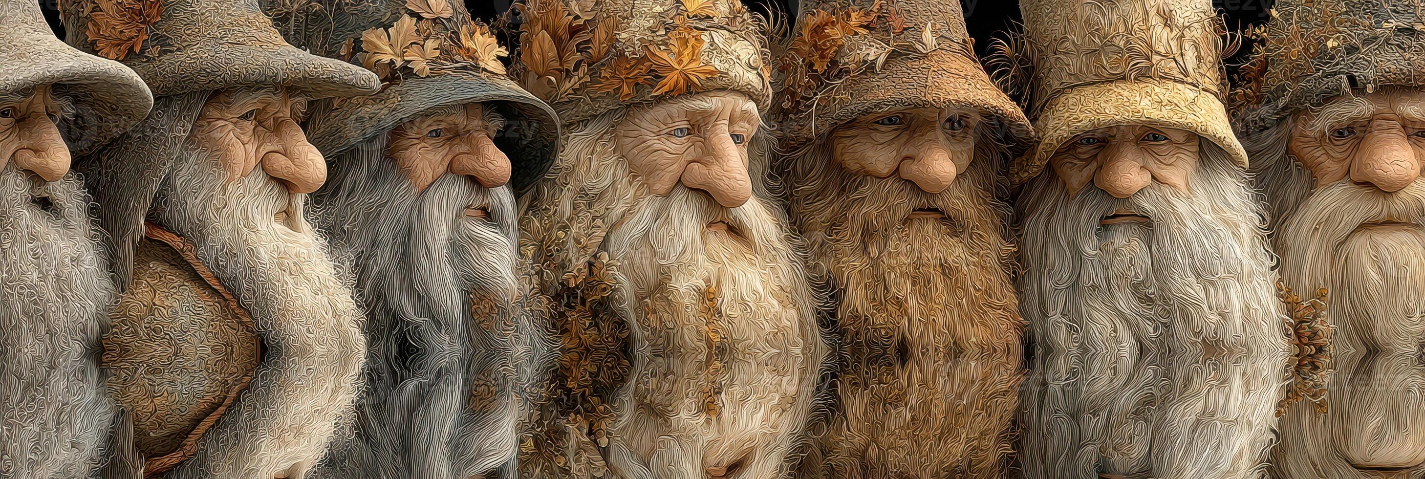 Seven distinct fantasy characters exhibit unique personalities with earthy textures and elaborate hats during a magical gathering photo