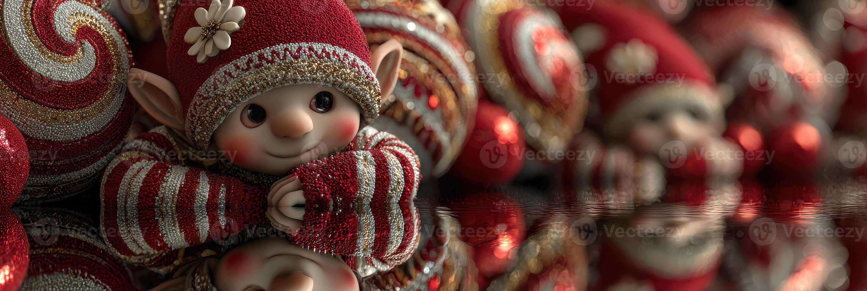 Charming holiday elves preparing for celebrations in a festive setting with bright ornaments and reflective surface photo