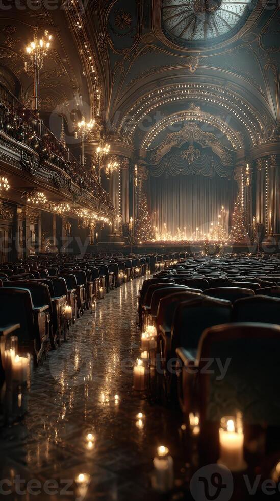 Elegant theater interior adorned with ambient candlelight and festive decorations during the holiday season photo