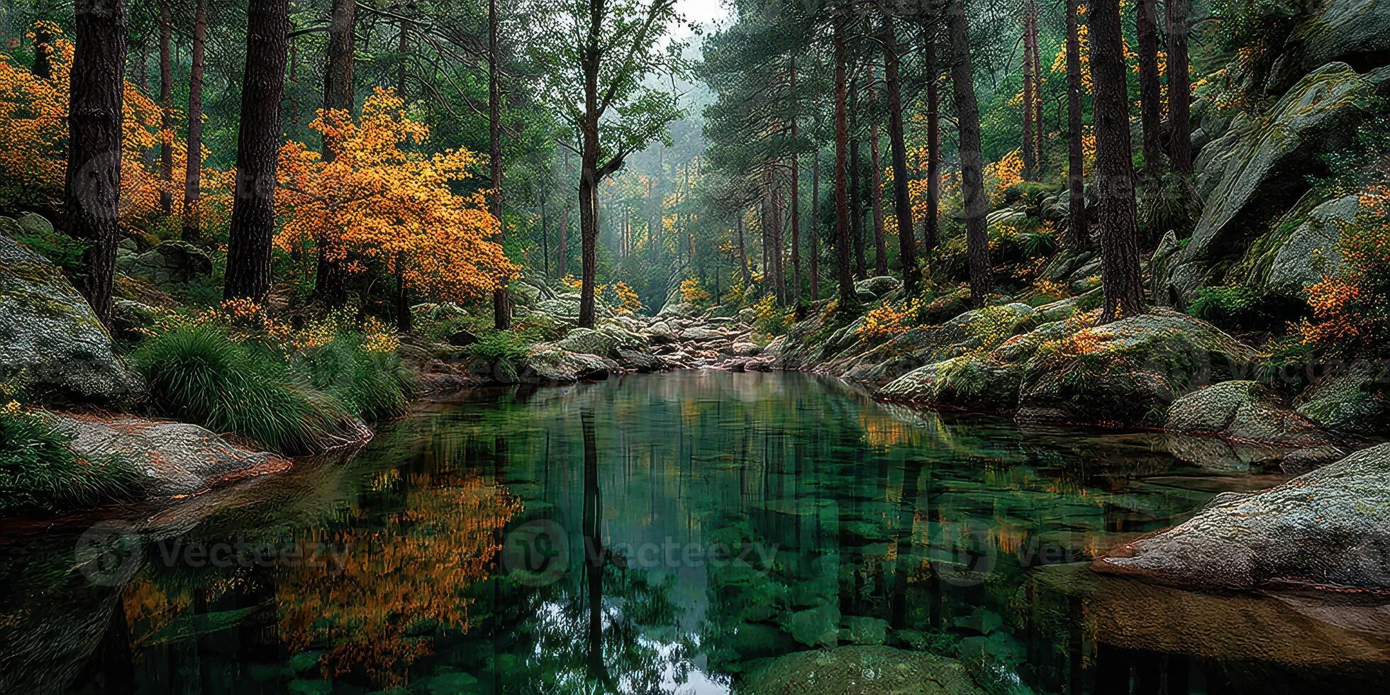 Serene woodland landscape features a tranquil pond surrounded by autumn foliage and towering trees photo
