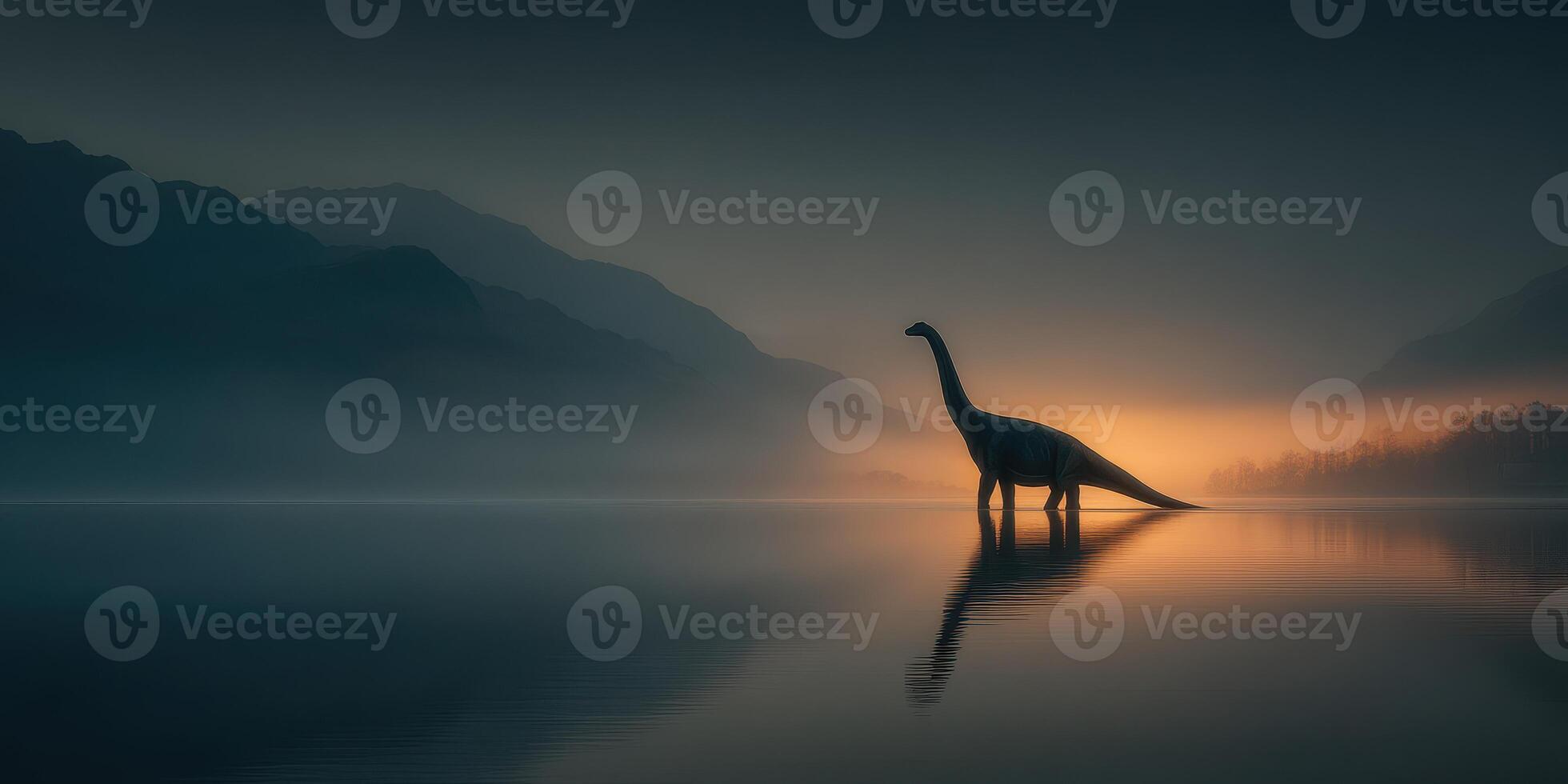 Dinosaur silhouette at dawn by a serene lake with mist and mountains in the background photo