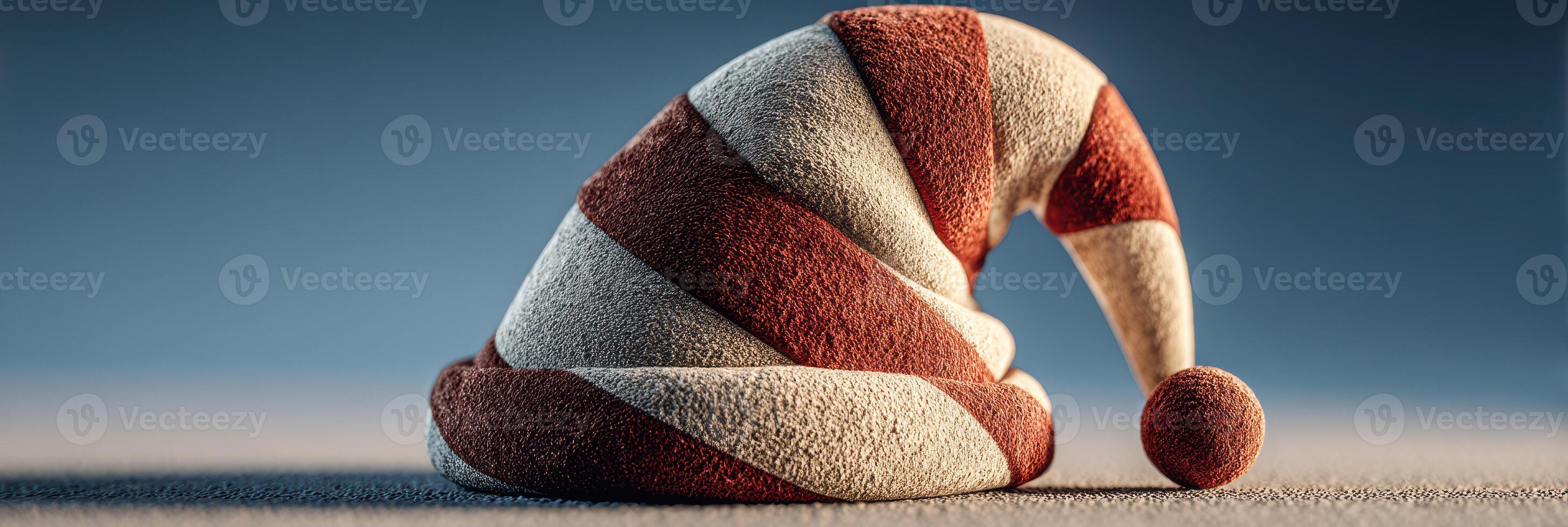Unique striped hat with red and white pattern resting on a flat surface in soft lighting photo