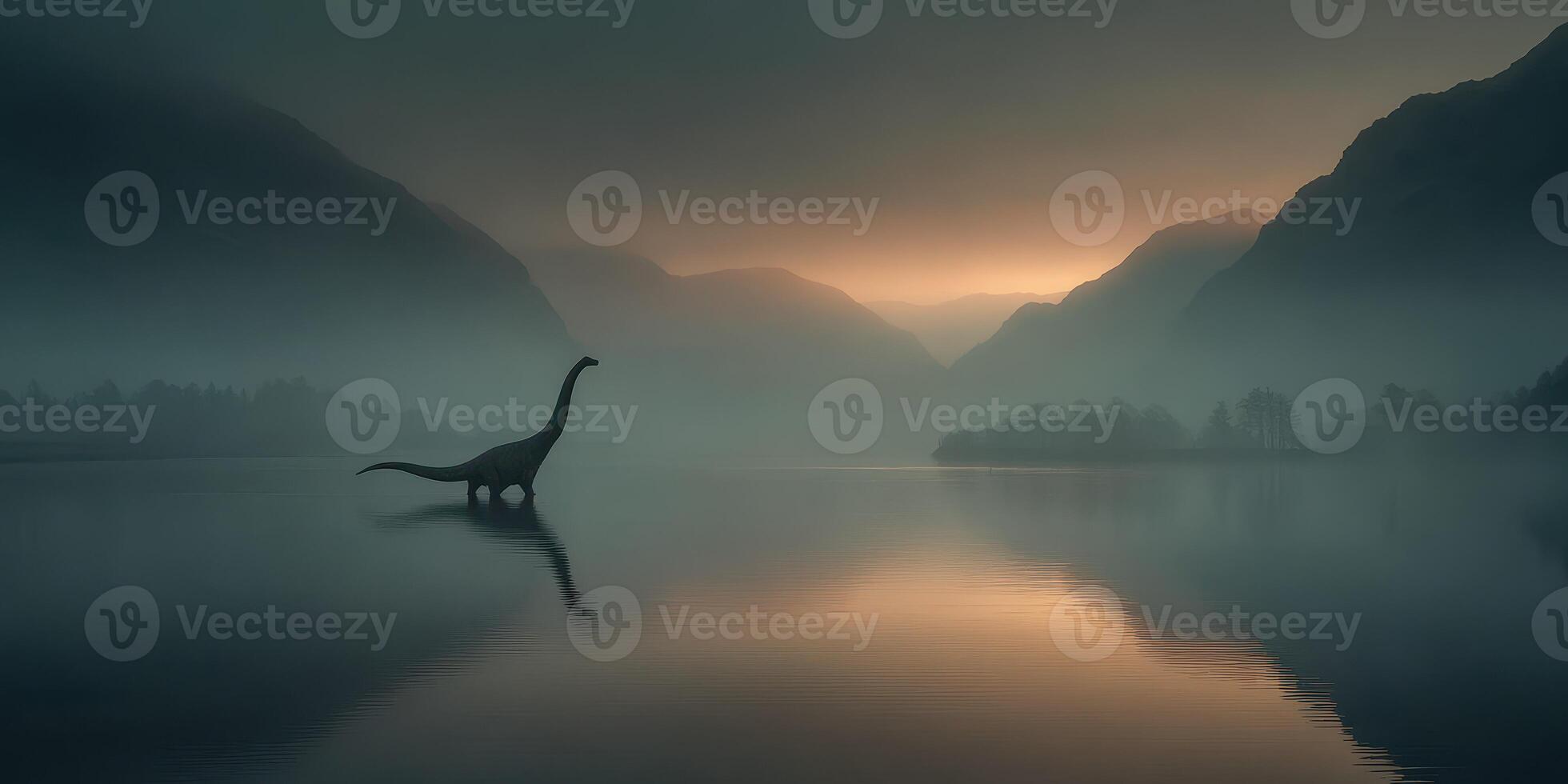 Mysterious creature emerges from misty lake at dawn surrounded by mountains photo