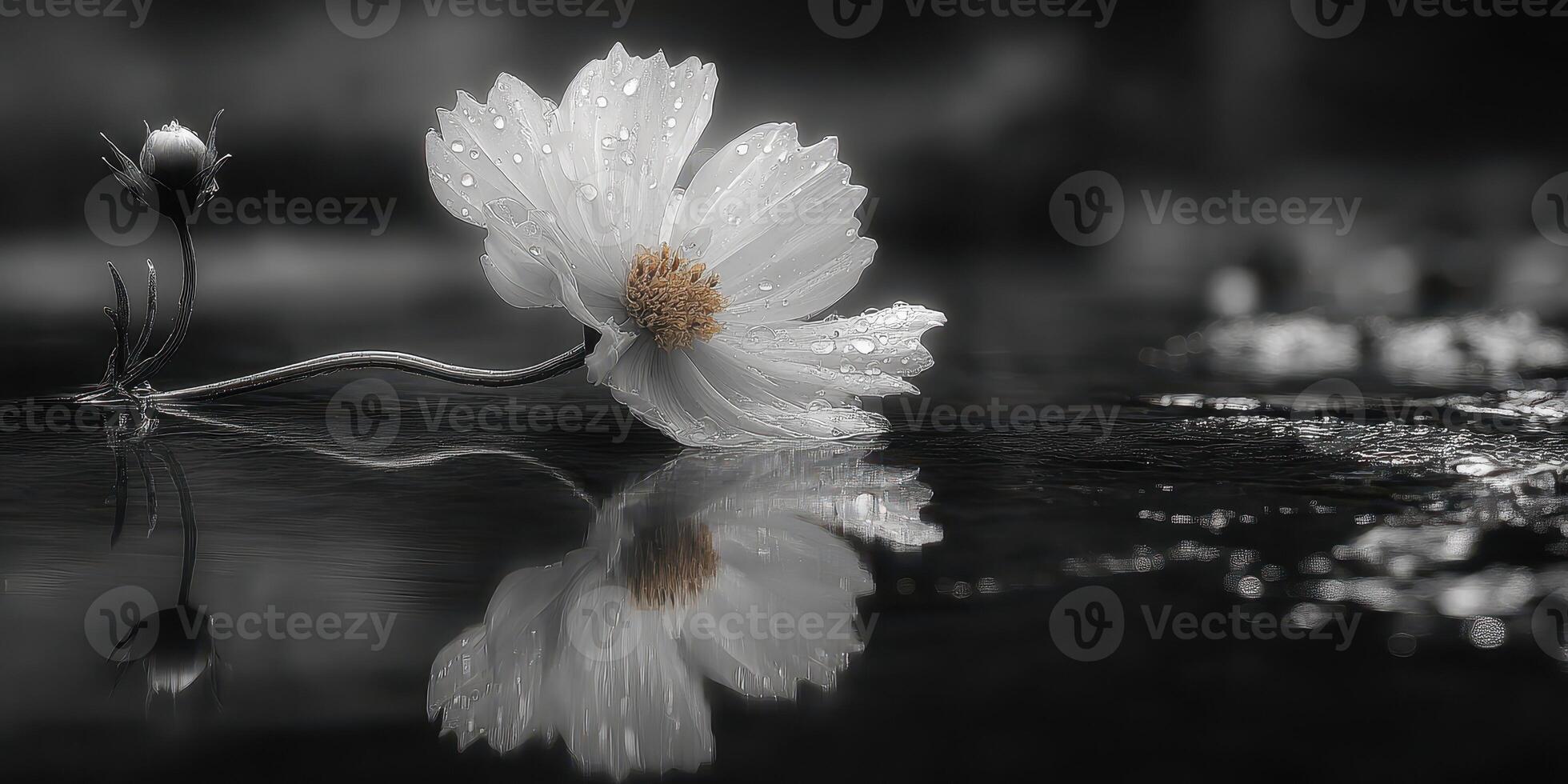 Delicate white flower with droplets reflecting on water surface in serene black and white setting during early morning light photo